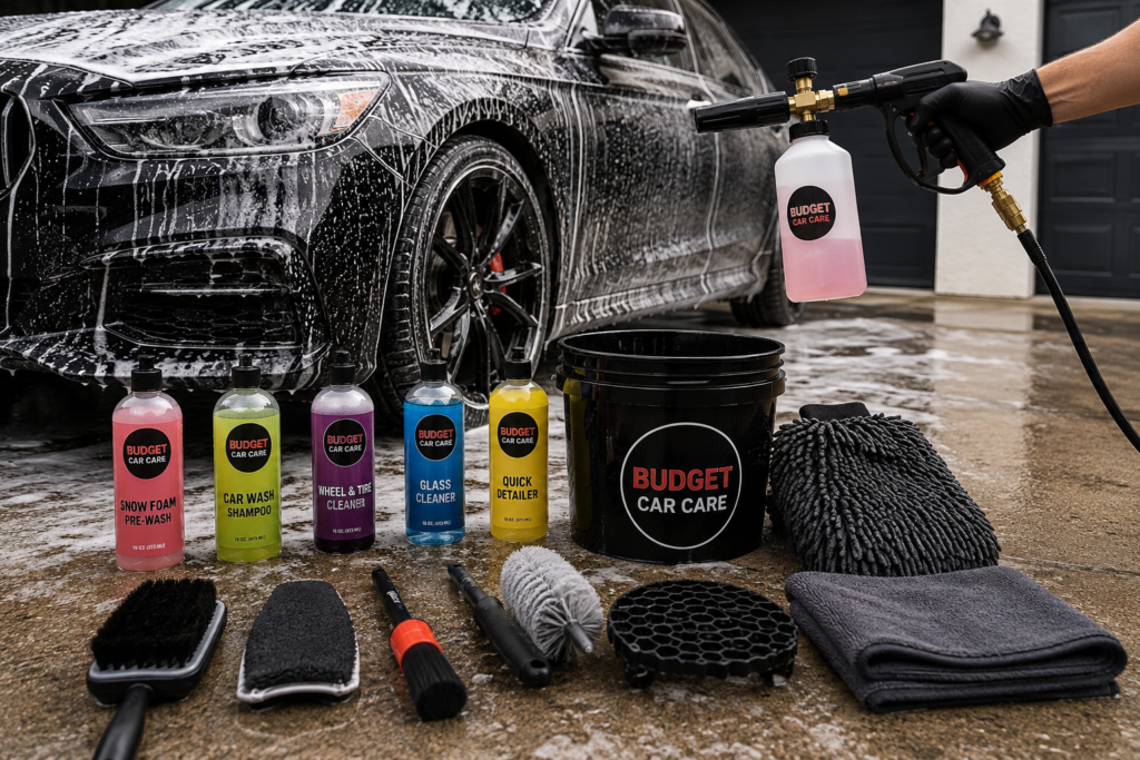 Budget car detailing kit laid out — buckets, grit guard insert, soap, and wash mitt