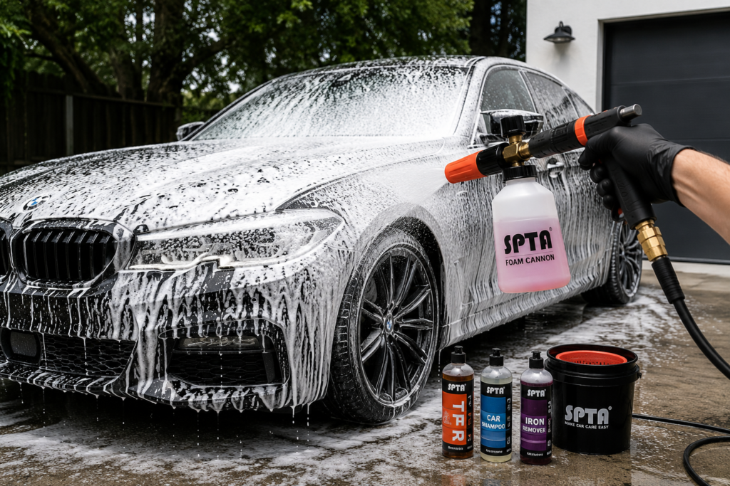 Mid-range detailing kit with foam pre-wash step in progress