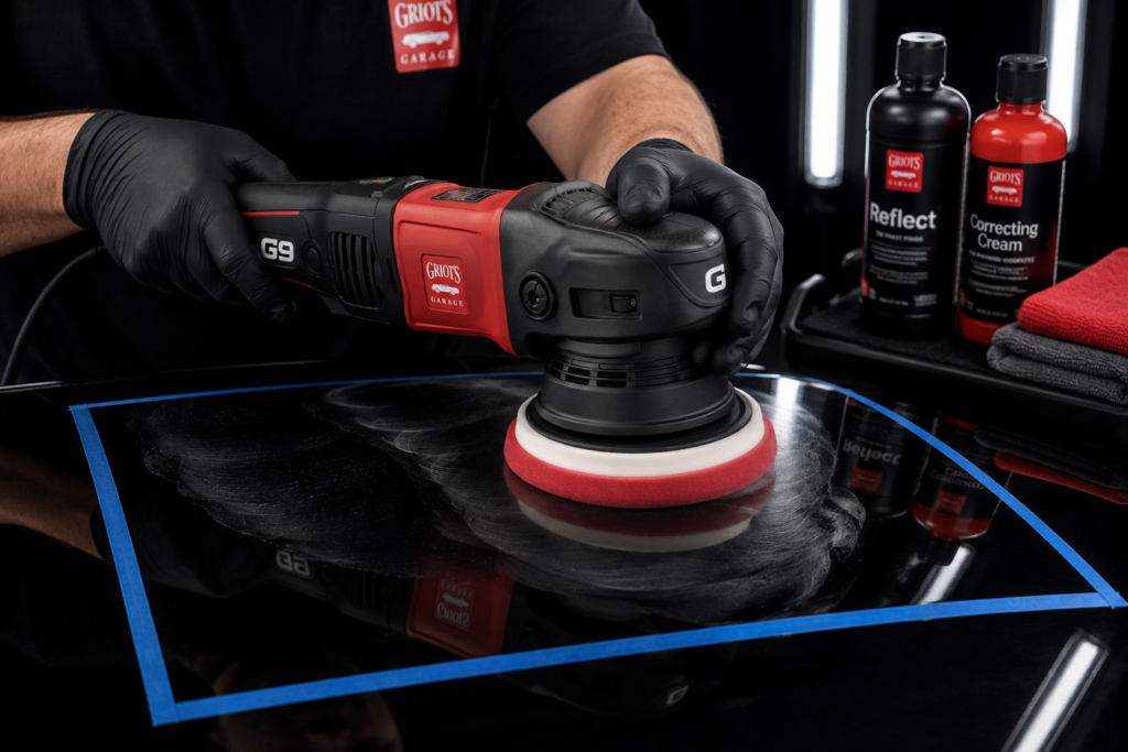Griot's Garage G9 dual action polisher on a test panel