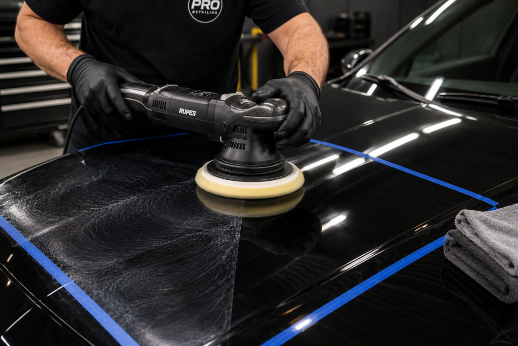 21mm long-throw polisher working a large panel